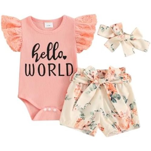 Hello World Newborn Outfit Baby Short Sleeve Romper Floral Shorts Set Headband Coming Home Outfit Girl Clothes