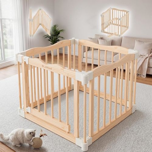 Foldable Wooden Playpen - Adjustable Wood Baby Play Yard with Child-Proof Lock, Indoor Large Safety Fence for Babies and Toddlers - Easy Assembly, 55 x 55 x 24 inches, Nature Nest