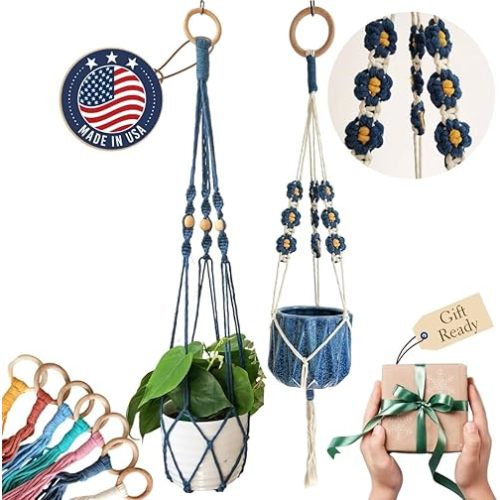 Set of 2 Macrame plant hanger with Daisies & Beads | Hanging plant holder Macrame Plant hangers outdoor and indoor hanging planters Plant stand indoor Boho Decor hanging planter stand (Peacock Blue)