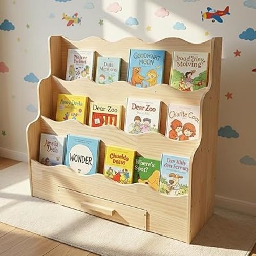 3-Tier Montessori Scalloped Kids Bookshelf, 29.6" Wide Natural Wood Forward Facing Bookcase for Toddlers, Children's Book Display and Organizer for Playroom, Nursery, Bedroom or Classroom