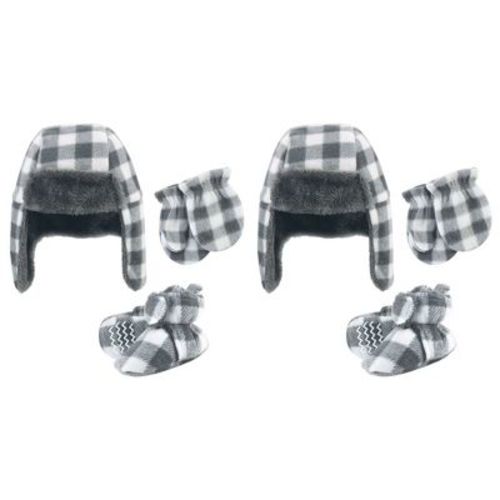 Hudson Baby Toddler Trapper Hat, Mitten and Bootie 6pc Set, Charcoal White Plaid, 12-18 Months