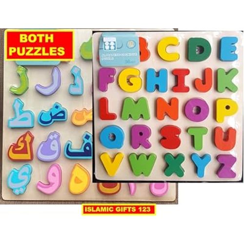 Set of 2 Arabic Alphabet Puzzle + English Wooden Puzzle Arabic Letter Puzzle Islamic Learning for Kids Early Education Islamic Favors-Islamic Gifts 123