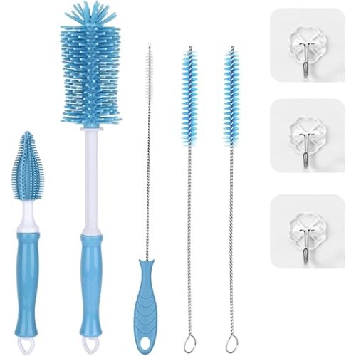 5-in-1 Silicone Bottle Brush Set, Baby Bottle Cleaning Brush with Straw Cleaner & Nipple Brush, BPA-Free Food-Grade Dishwasher Safe for Baby Bottles, Water Bottles, Sippy Cups, Sports Bottles