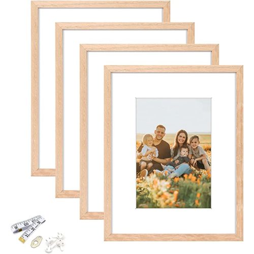 8x10 Picture Frame, OAK Wood Photo Frame 5x7 with Mat or 8x10 without Mat with Perspex Glass for Vertical or Horizontal Tabletop Wall Display for Photos, Paintings, Birthday Christmas Gift, Set of 4