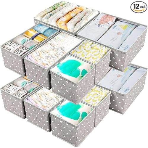 Fabric Drawer Organizer Bins for Nursery – 12 Pack Clothe Drawer Dividers for Baby Dresser, Grey Heart Pattern Storage Boxes for Clothes, Diapers & Accessories