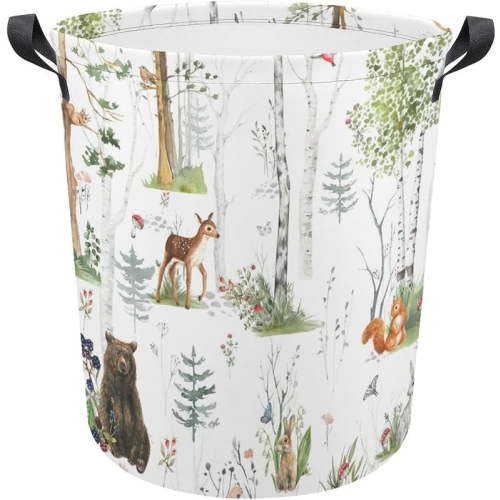 Woodland Animals Laundry Basket,Collapsible Clothes Hamper Waterproof Forest Fox Bear Deer Storage Basket with Handle Kids Room Jungle Deer Laundry Hamper with Drawstring