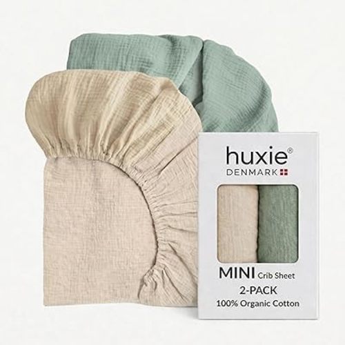 Mini Crib Sheets - Organic Cotton Muslin Fitted Crib Sheet Fitted for Pack and Play - Ultra-Soft and Breathable Crib Sheets for Boys and Girls (Mini Fog/Roman Green)
