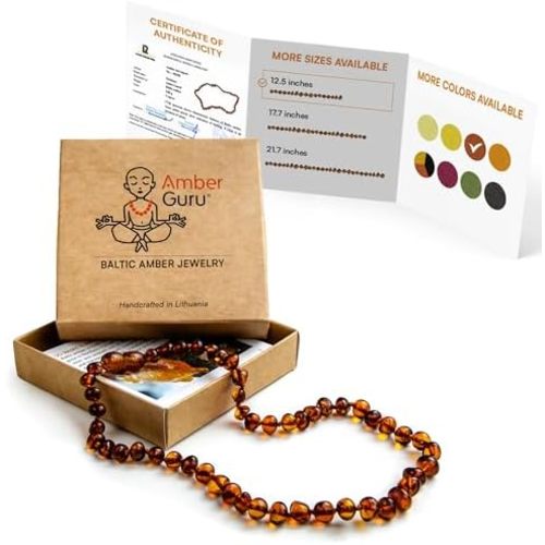 Amber Guru Baltic Amber Necklace (Authentic, Certified) - 12.5 inches - Unisex Jewelry - Polished Real Amber Beads - Proud to Deliver Genuine Baltic Sea Wonder Handmade