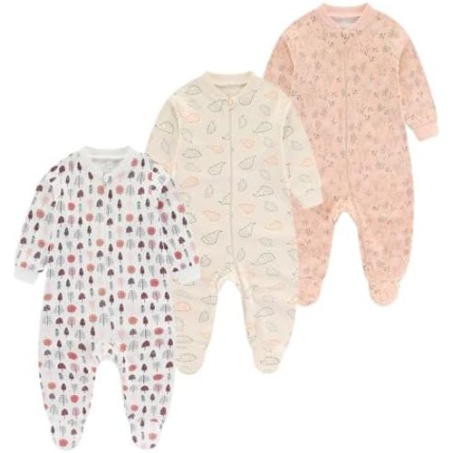 Baby Girls Boys Footed One-Piece Romper Cotton Long Sleeve Jumpsuit Zip Front Footie Romper 0-12 Month