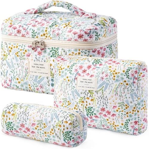 HBselect Quilted Makeup Bag, 3Pcs Cotton Large Travel Makeup Bags Organizer