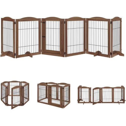 unipaws Pet Playpen with Wood and Wire, 6 Panels Extra Wide Freestanding Walk Through Dog Gate with 4 Support Feet, Foldable Stairs Barrier Pet Exercise Pen for Dogs Cats