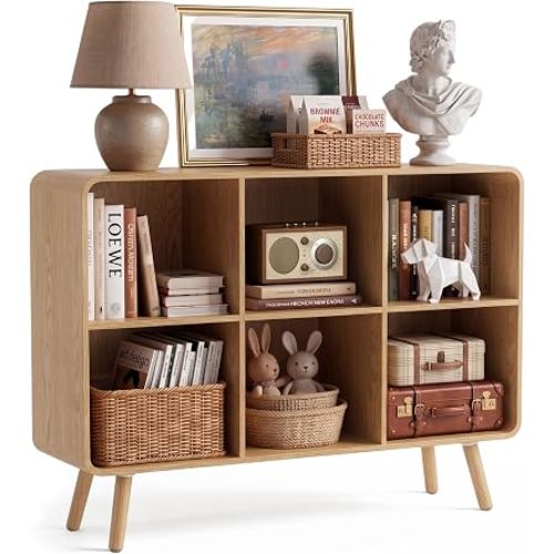 YOSHOOT 6 Cube Bookshelf - 35.4" Wood Cube Bookcase with Legs, Open Cubby Bookshelves with Curved Profile Design for Bedroom, Living Room,Home Office, Nature