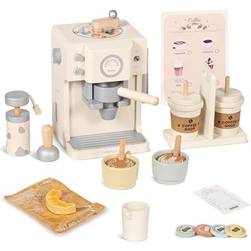 Kids Wooden Coffee Playset with Grinder, Toy Coffee Maker for Kids Toddlers, Pretend Play Kitchen Appliances & Accessories Toy Gift for Boys Girls