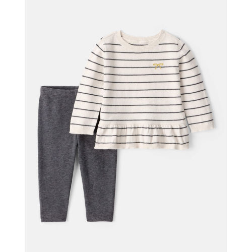 Baby Girl Bow Striped Long-Sleeve Tee & Pant Set - White/Grey | Carter's