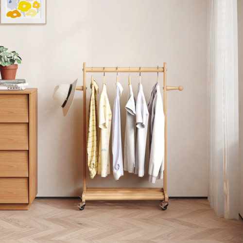 Ebern Designs Solid Beechwood Kids Clothing Hanging Rack Garment Organizer with Side Hook Wheels | Wayfair