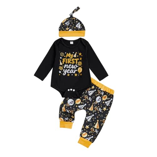 Bonangber New Years Baby Boy Outfit Letter Print Long Sleeve Romper Pants Hat Cute My First New Years Baby Boy Outfit