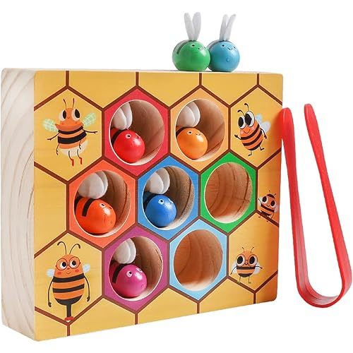Toddler Fine Motor Skill Toy, Clamp Bee to Hive Matching Game, Montessori Wooden Bee Hive Toys, Wood Color Sorting Puzzle Early Learning Preschool Educational Gift for 2 3 4 Years Old Kids