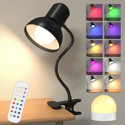 Clip-on Lamp Rechargeable Cordless with Clamp, 15 Colors RGB Dimmable Night Light Battery Operated for Bedside Dorm Room Nursery Camping, Multicolor LEDs