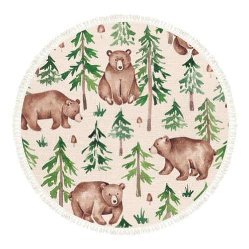 Woodland Animal Rug Round Rugs Forest Seamless Pattern Hand Drawn Watercolor Boho Area Rug Linen and Cotton Carpet Meditation Rug Washable Hallway Runner Mat Accent Rug for Bedroom Nursery 6ft