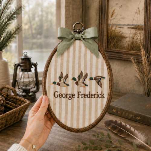 Custom Flying Mallard Duck Embroidered Oval Hoop, Personalized Waterfowl Nursery Wall Art, Woodland Baby Name Sign, Newborn Gift