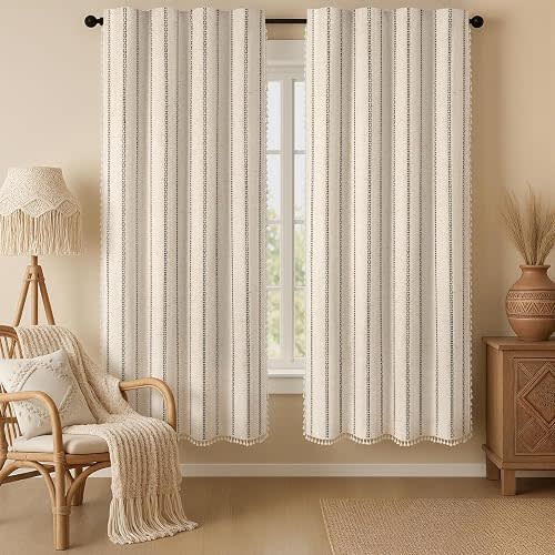 Beige 100% Boho Blackout Curtains 72 Inch 2 Panels with Tassels