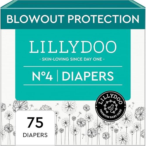 LILLYDOO Baby Diapers - Size 4 (20-31 lbs), Half-Monthly Supply (75 Count), Leak Protection, Skin-Friendly, Ultrasoft, Perfume- & Chlorine-Free, Hypoallergenic, Dermatologist Tested, Oeko-TEX®