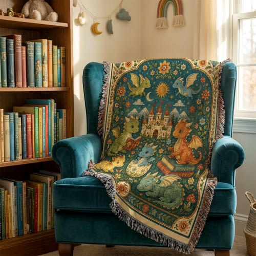 Baby Dragon Woven Blanket, Scandinavian Folk Art Tapestry Throw, Fantasy Nursery Decor, Whimsical Castle Dragon Blanket, Cozy Cottagecore