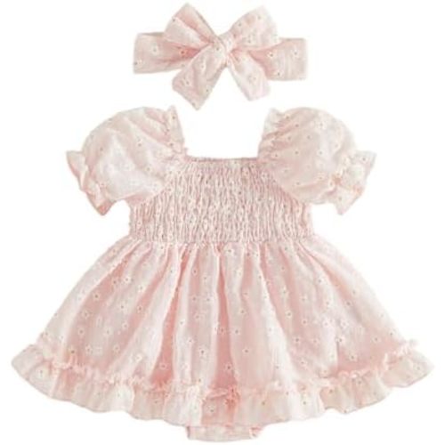Kavousa Baby Girl Summer Outfits Newborn Flower Embroidered Eyelet Ruffled Hem Short Sleeve Romper and Bow Headband Set