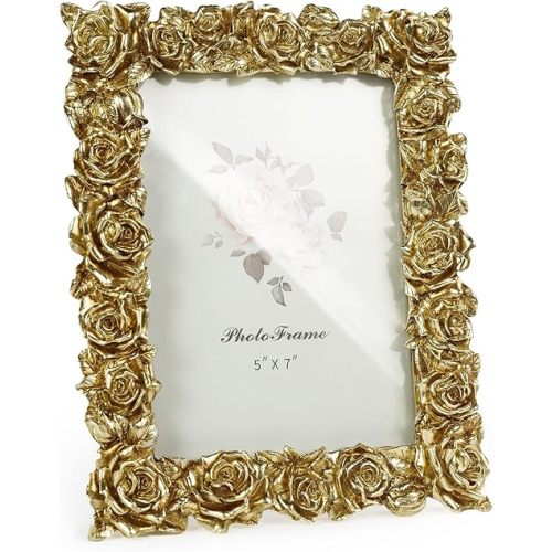 Vintage Gold 5x7 Picture Frame, Gold Ornate Rose Flower Resin Photo Frame with Glass Front for Tabletop, Antique Picture Frames Photo Gallery for Home Office Decor