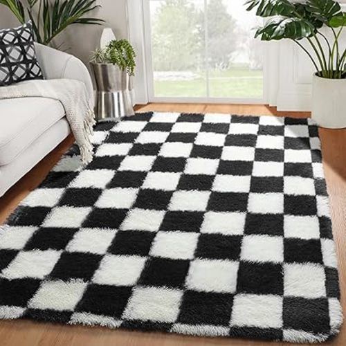 KICMOR Area Rugs for Bedroom Living Room, 4x6 Black and White Fluffy Soft Checkered Rug Fuzzy Shag Shaggy Carpet, Indoor Plush Floor Rugs for Kids Boys Girls Teen Dorm Nursery Home Decor Aesthetic