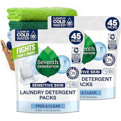 Seventh Generation Laundry Detergent Packs, Free & Clear, 90 Loads (2 pouches, 45 Ct EA)