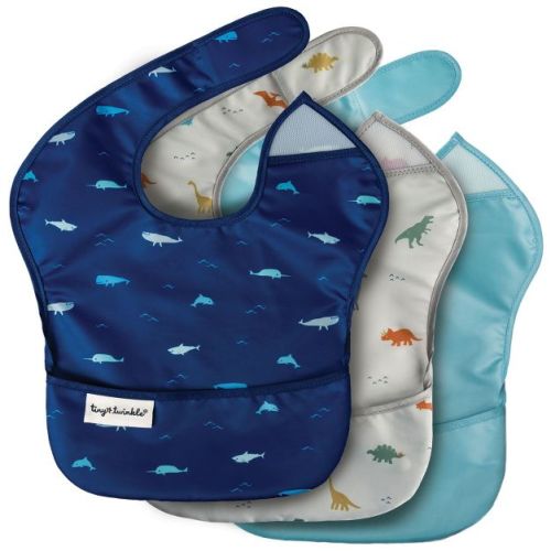 Tiny Twinkle Mess-Proof and Waterproof Baby Food Bib for Boys or Girls, Machine Washable and BPA-Free w/Adjustable Closure (3-Pack, Sea, Dino)