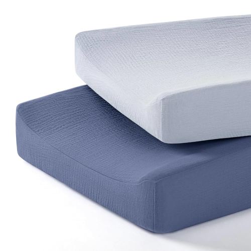 lulumoon Housse de matelas à langer en mousseline pour filles et garçons (bleu marine et bleu brume)