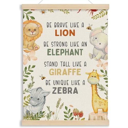 MOTERMATE Tropical Safari Nursery Wall Art Poster, Jungle Woodland Nursery Decor, Inspirational Canvas Poster Hanger Frame, Safari Baby Animal Nursery Wall Hanging Banner Decor for Classroom, 12x16 In