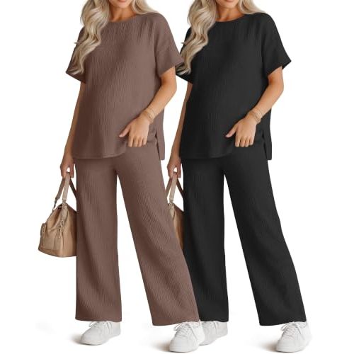 Ficerd 4 Pcs 100% Cotton Muslin Maternity Pajamas Lounge Sets | Lounge Pregnancy PJS, Side Slit Short Sleeve Shirts and Pants, Loose Fit Crew Neck Loungewear, Comfy Maternity Outfits Sets