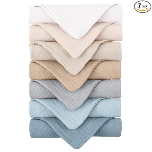 Konssy 7-Pack Ultra Soft Muslin Cotton Face Wash Cloths, Reusable Absorbent Washcloths for Sensitive Skin, Lightweight Facial Makeup Remover Towels for Women (11 x 11 Inch)