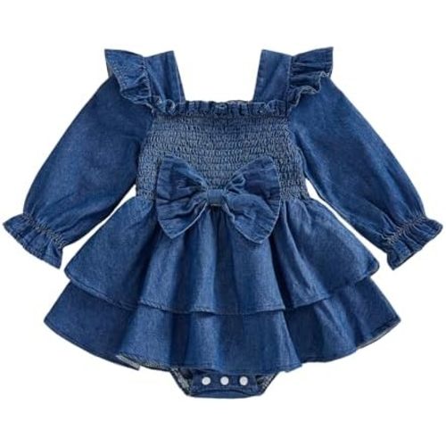 Baby Girls Denim Romper Dress Long Sleeve One Piece Jumpsuits Clothes Spring Summer