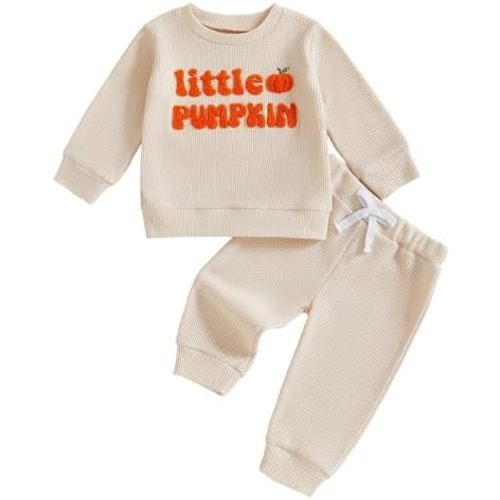 Karuedoo Toddler Baby Boy Halloween Outfit Little Pumpkin Embroidered Waffle Knit Sweatshirt and Pants Set 2Pc Fall Clothes