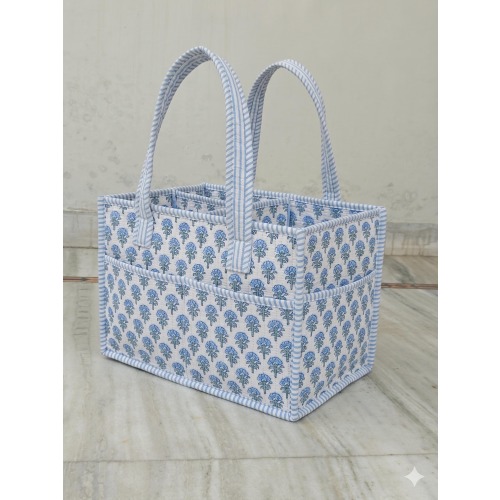 Blue Floral Quilted Cotton Nappy Caddy, Baby Diaper Organizer (34x24x20cm)
