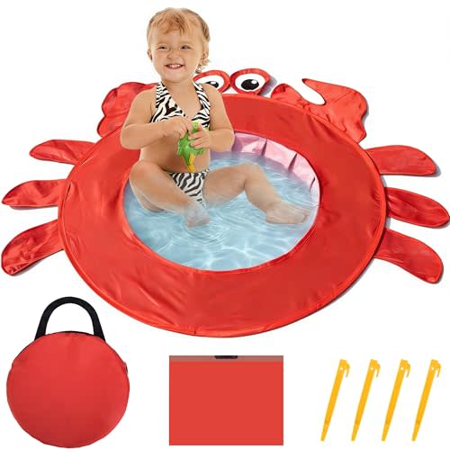 RunNico Pop Up Beach Pool, Portable Toddler Beach Pit with Water Bag and Storage Bag, Cute Shape Beach Pool Puddle for Outdoor Summer Beach Camping Traveling Vacation (Crab)