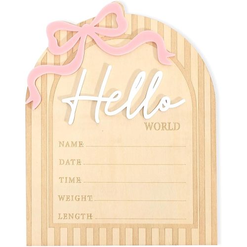 Bow Hello World Wooden Board - Hospital Newborn Information Record,Birth Milestone Bulletin Board Photo Props,Sweet Pink Bow Nursery Decorations,Little Princess Hello World Announcement Sign