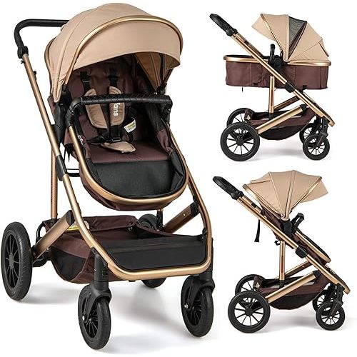 INFANS 2 in 1 Baby Stroller, Folding Newborn Pram Convertible Stroller Bassinet for Infant Foldable High Landscape Shock Absorption with Reversible Seat Aluminum Structure for Pushchair