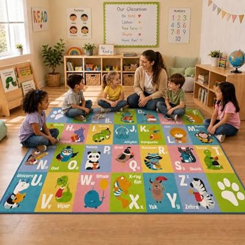 KC Cubs 5x7 ABC Alphabet Animal Rug – Educational Non-Slip Play Mat for Kids, Toddlers, Nursery, Classroom, Playroom, Baby, Daycare, Boy & Girl Carpet