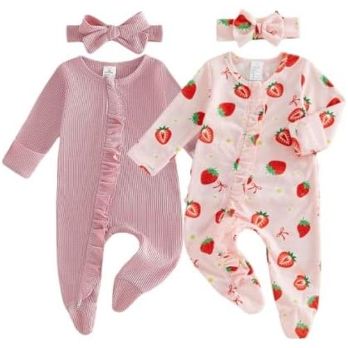Baby Girl Footies Newborn Zipper Sleeper 2 Pack Ruffle Pajamas Romper Coming Home Outfit