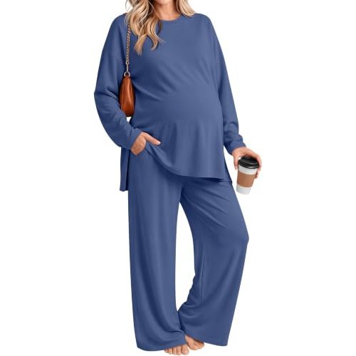 Riyiper Womens Maternity 2 Piece Outfit Lounge Set | Two Piece Outfit, Long Sleeve Sweatshirt, Wide Leg Pants, Pregnancy Matching Set, Soft, Cozy, Loose Fit, Comfortable