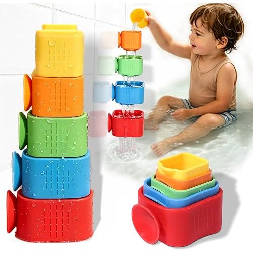 Suction Cup Bath Toys for Toddlers: 5PCS Waterfall Stacking Cups Bathtub Toys for Babies & Infants, Essential Bathtime Silicone Water Toys, Montessori Sensory Play for Boys & Girls 1 2 3 Years
