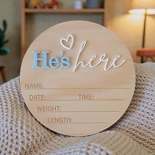 Wooden Birth Announcement Sign – 6 Inch Round Baby Announcement Plaque, She’s Here/He’s Here Newborn Announcement, Hello World Nursery Sign (He)