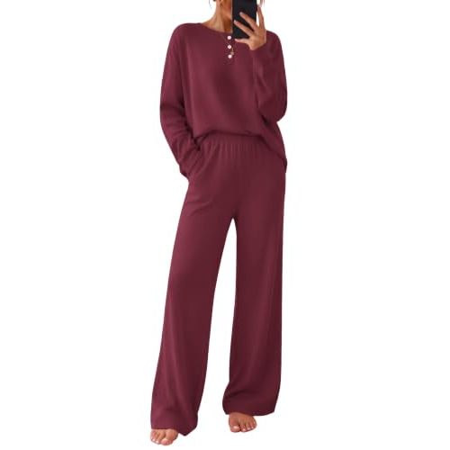 Ekouaer Pajamas for Women Set Cotton Long Sleeve Pjs 2 Piece Lounge Sets | Soft Henley Sleepwear with Pockets,Breathable,Skin-Friendly,Daily Wear,Working from Home,Gifts,Wife,Mom,Fall Winter