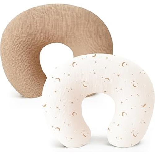 Konssy Muslin Nursing Pillow Covers, Soft and Cute Nursing Covers for Breastfeeding Pillows, Ideal for Newborn Baby Boys and Girls (Camel, Moon) - 2 Pack