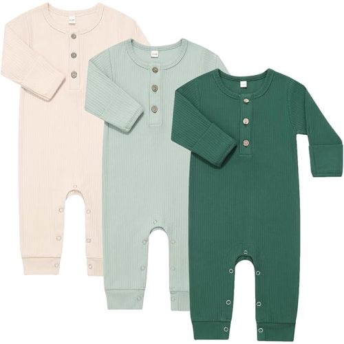 Bafeicao Baby Boy Girl 3 Pack Solid Romper Ribbed Cotton Long Sleeve Jumpsuit Infants Outfits Clothes with Mitten Cuffs